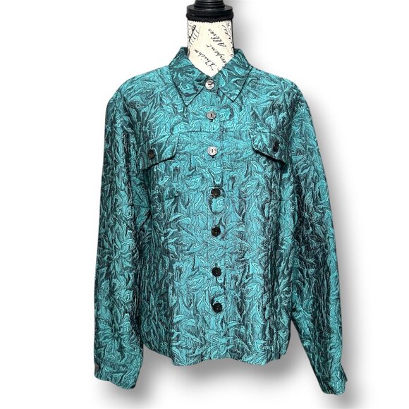 Vintage Coldwater Creek Turquoise Jacquard Jacket Textured Blazer Retro Artsy L - Picture 1 of 7